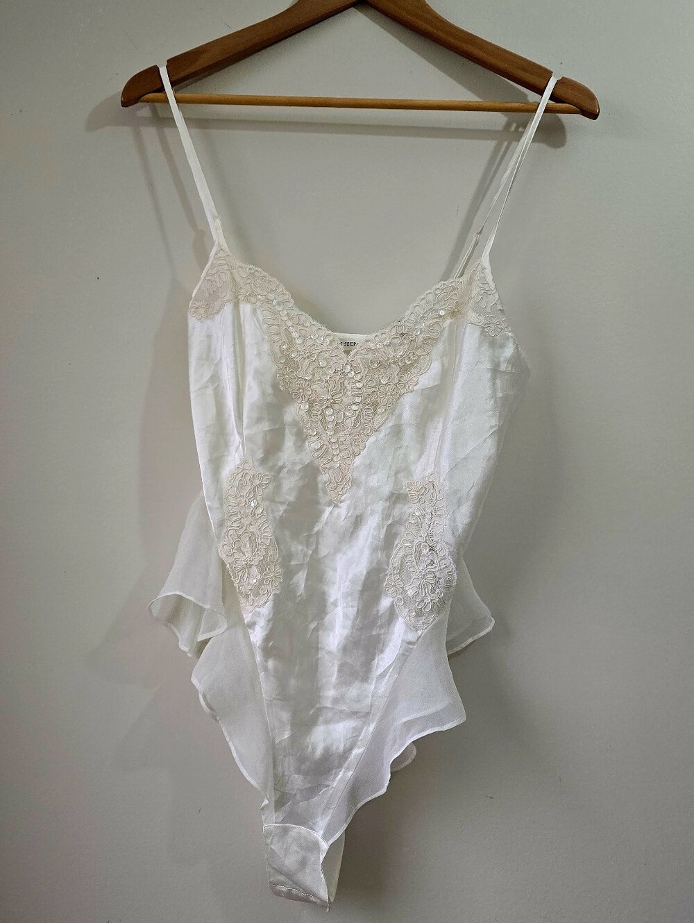 NWT Vintage Victoria's Secret Cream Satin Chiffon Sequin Hi-Cut Teddy Lingerie M